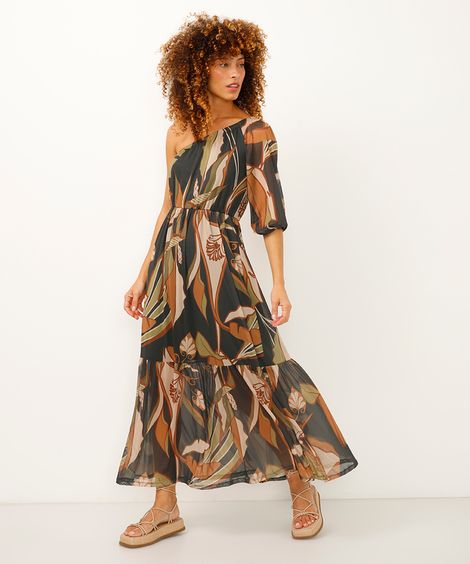 vestido longo de tule ombro único folhagem verde