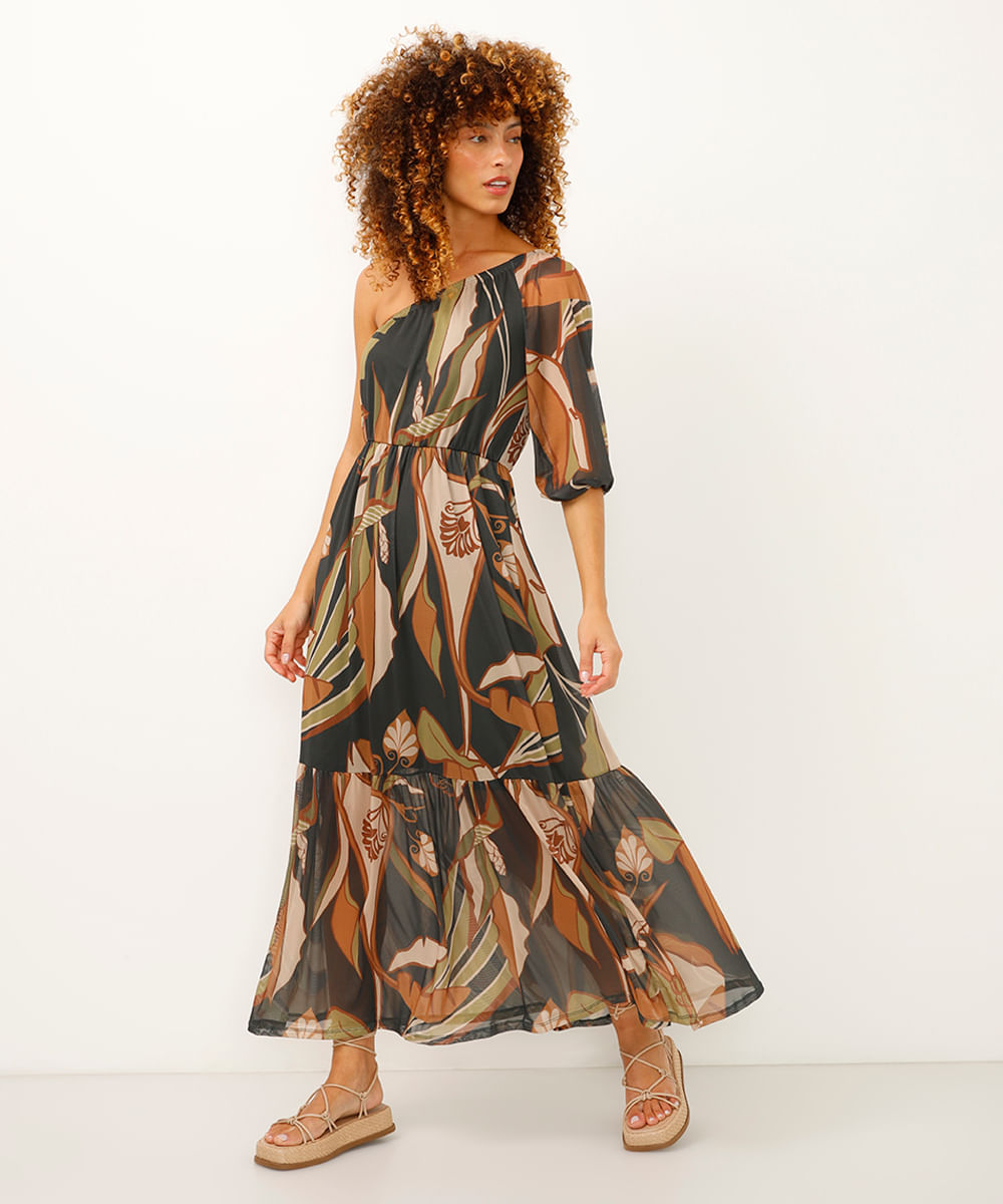 vestido longo de tule ombro único folhagem verde