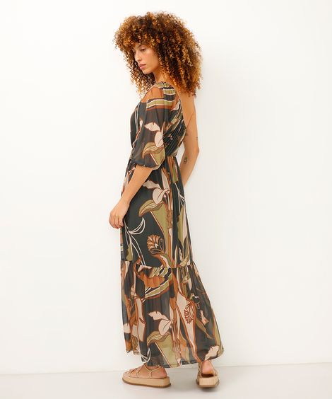 vestido longo de tule ombro único folhagem verde
