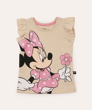 camiseta infantil manga curta minnie com babado bege