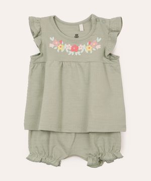 conjunto de algodão infantil floral com babado verde