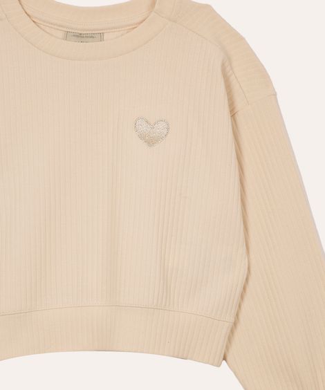 blusa de algodão infantil canelada coração bege
