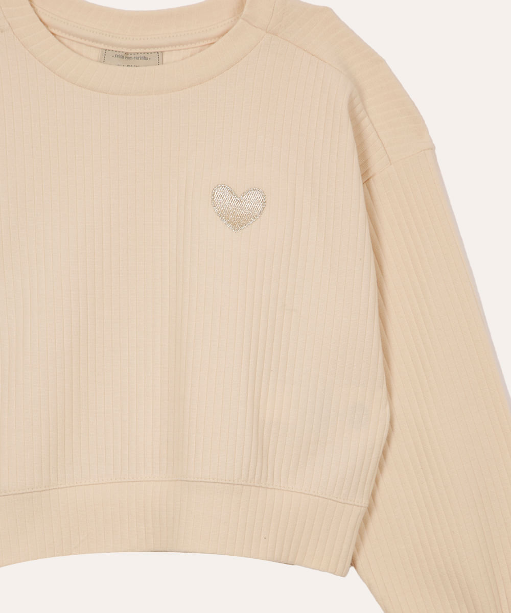 blusa de algodão infantil canelada coração bege