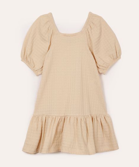 vestido infantil texturizado manga curta bege