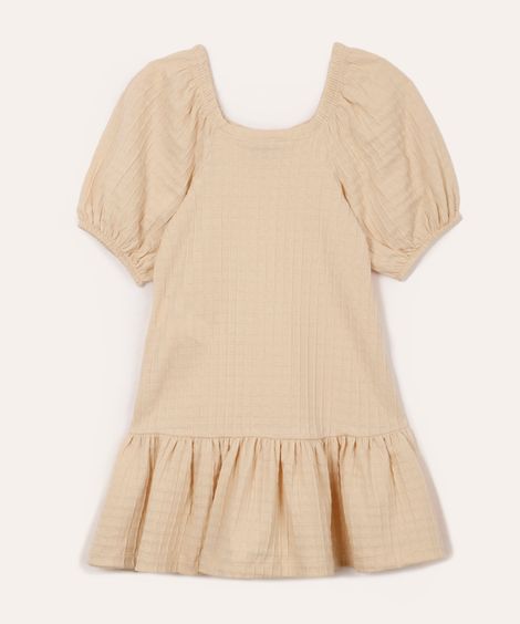 vestido infantil texturizado manga curta bege