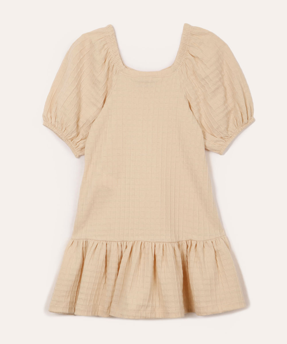 vestido infantil texturizado manga curta bege