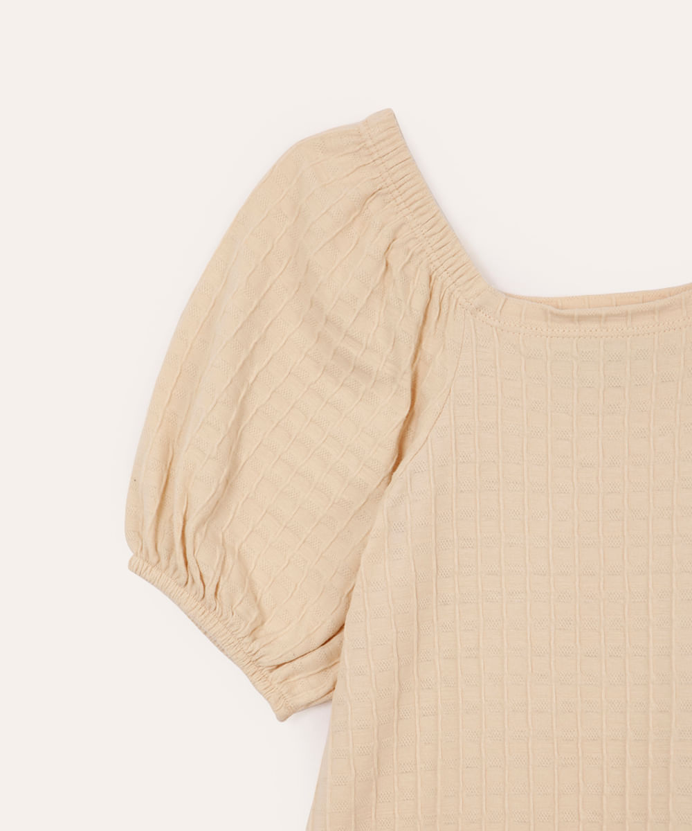 vestido infantil texturizado manga curta bege