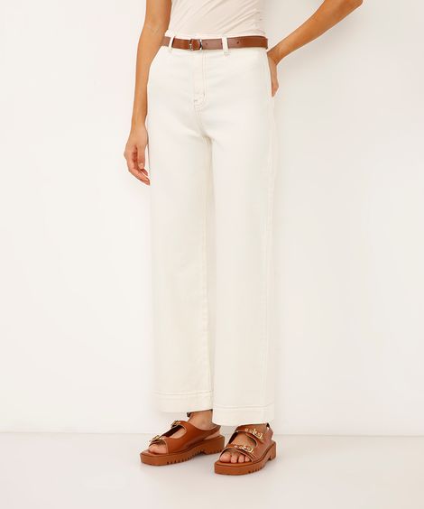 calça wide leg slim de sarja com cinto bege