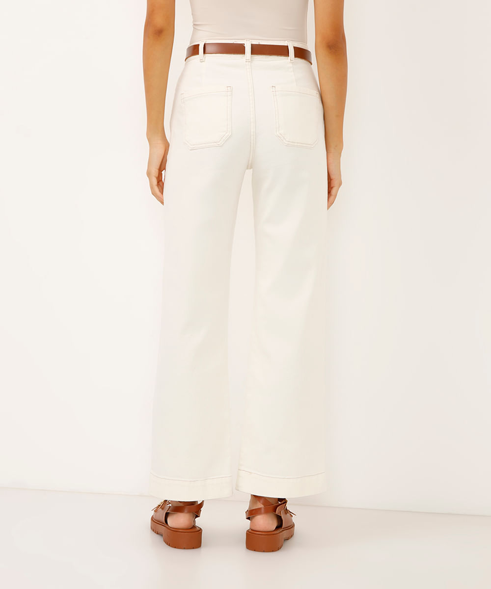 calça wide leg slim de sarja com cinto bege