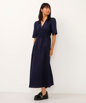 vestido midi de algodão decote v azul