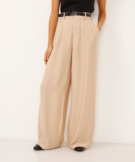 calça wide leg de viscose cintura alta com cinto bege