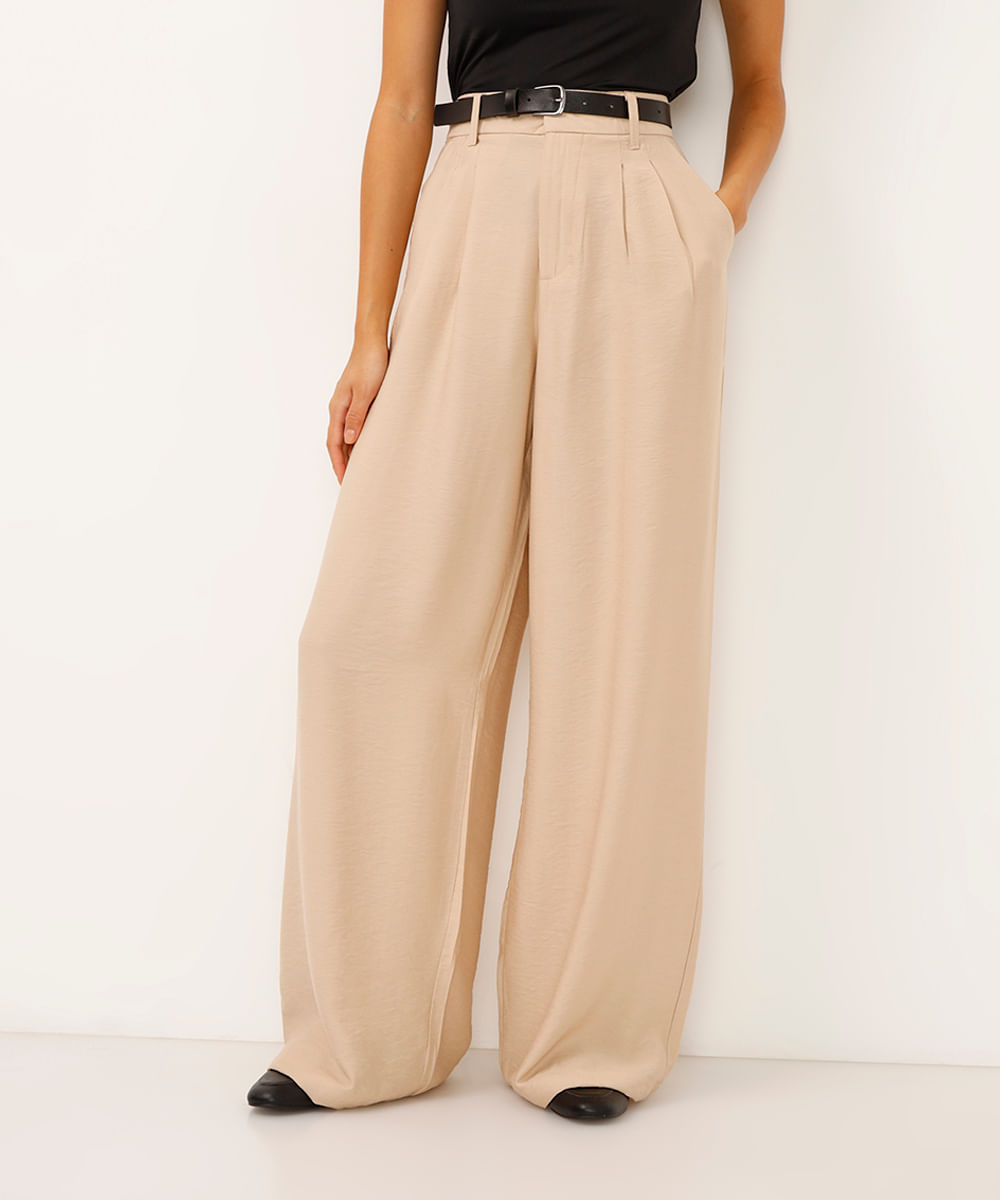 calça wide leg de viscose cintura alta com cinto bege