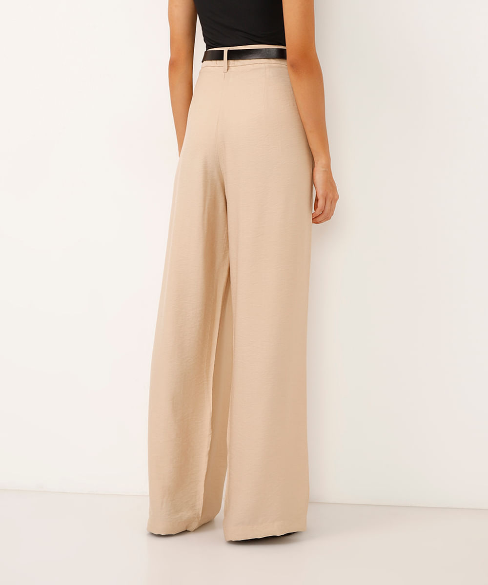 calça wide leg de viscose cintura alta com cinto bege