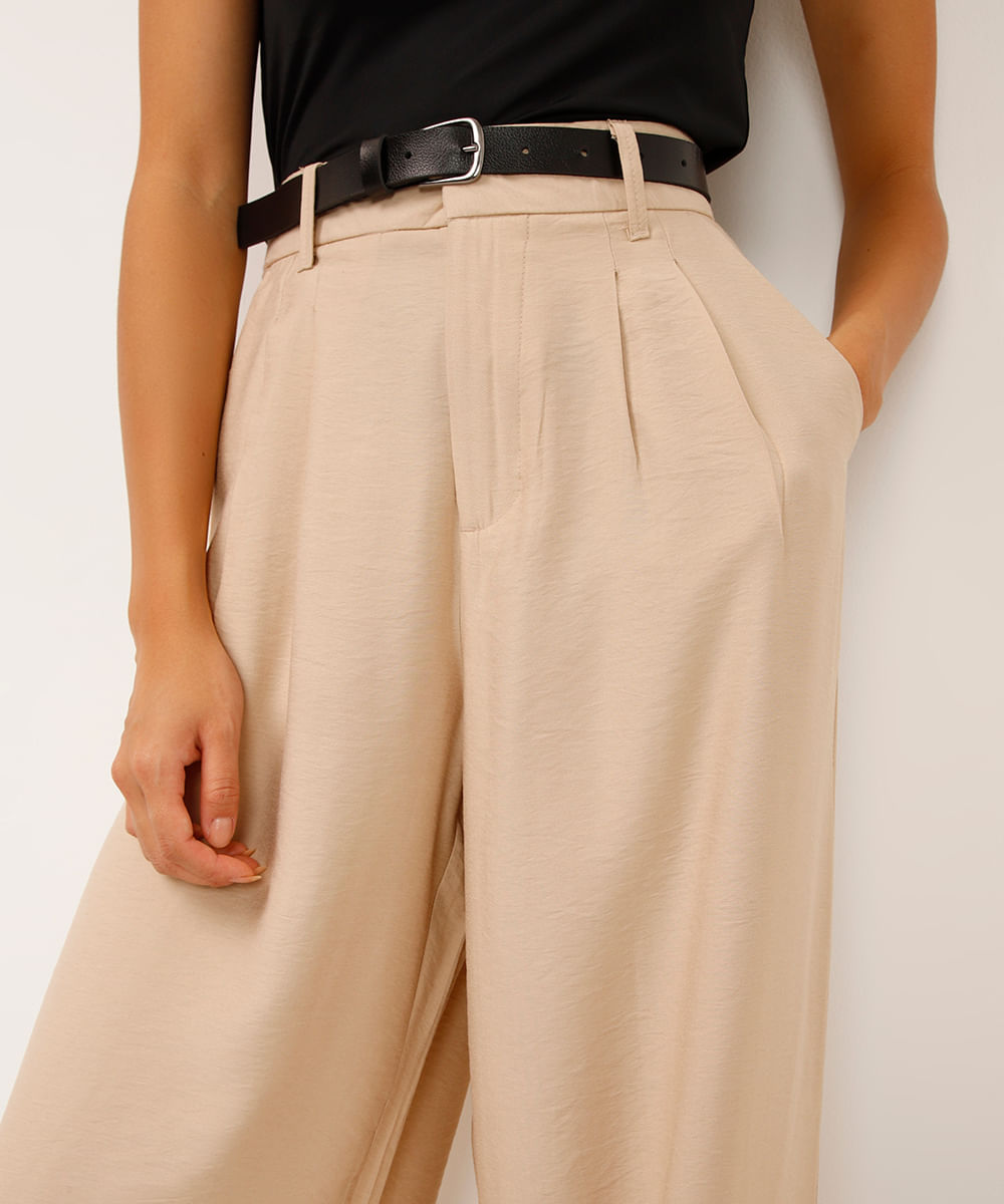 calça wide leg de viscose cintura alta com cinto bege
