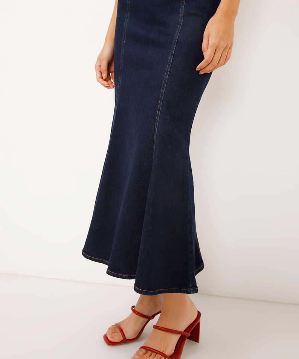 saia sereia jeans cintura super alta azul