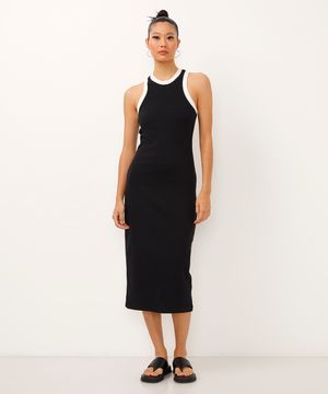 vestido midi halterneck bicolor preto