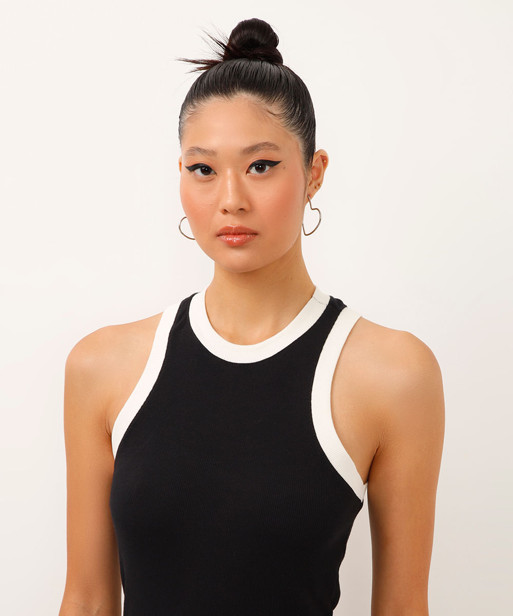 vestido midi halterneck bicolor preto