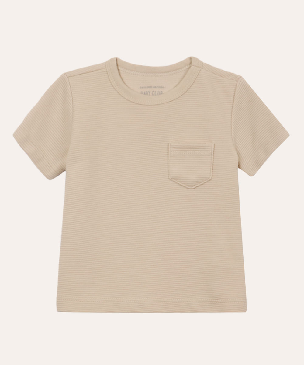 camiseta infantil texturizada com bolso manga curta bege