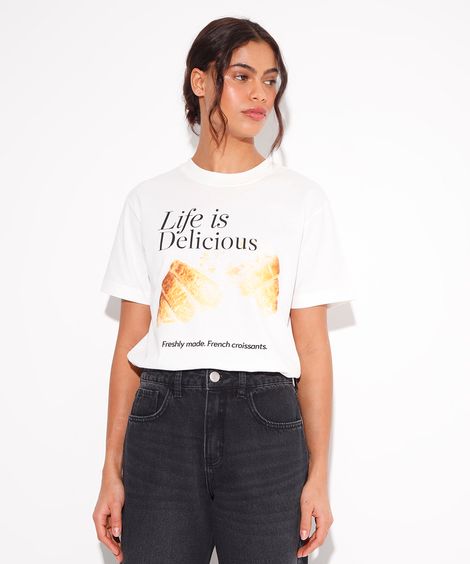 camiseta de algodão life is delicious mindset off white