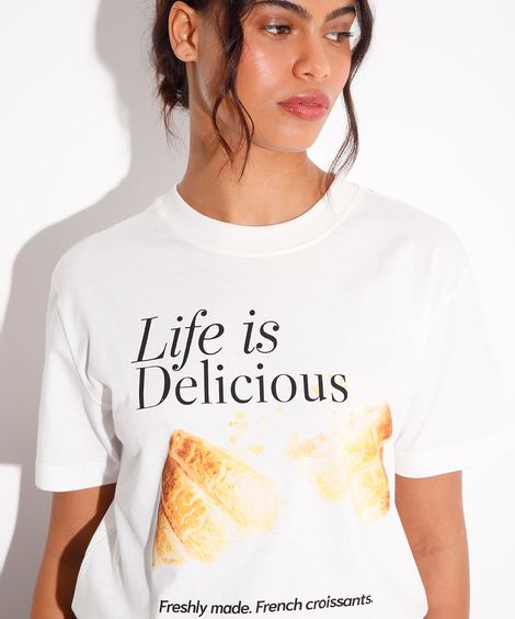 camiseta de algodão life is delicious mindset off white