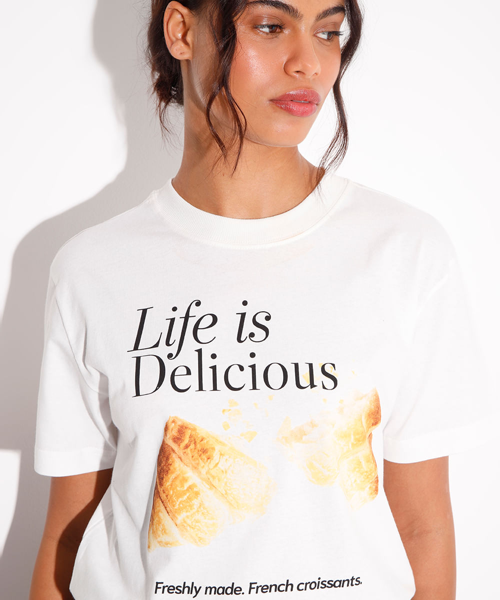 camiseta de algodão life is delicious mindset off white