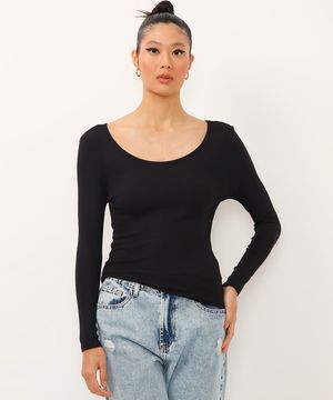 blusa de viscose manga longa canelada preta