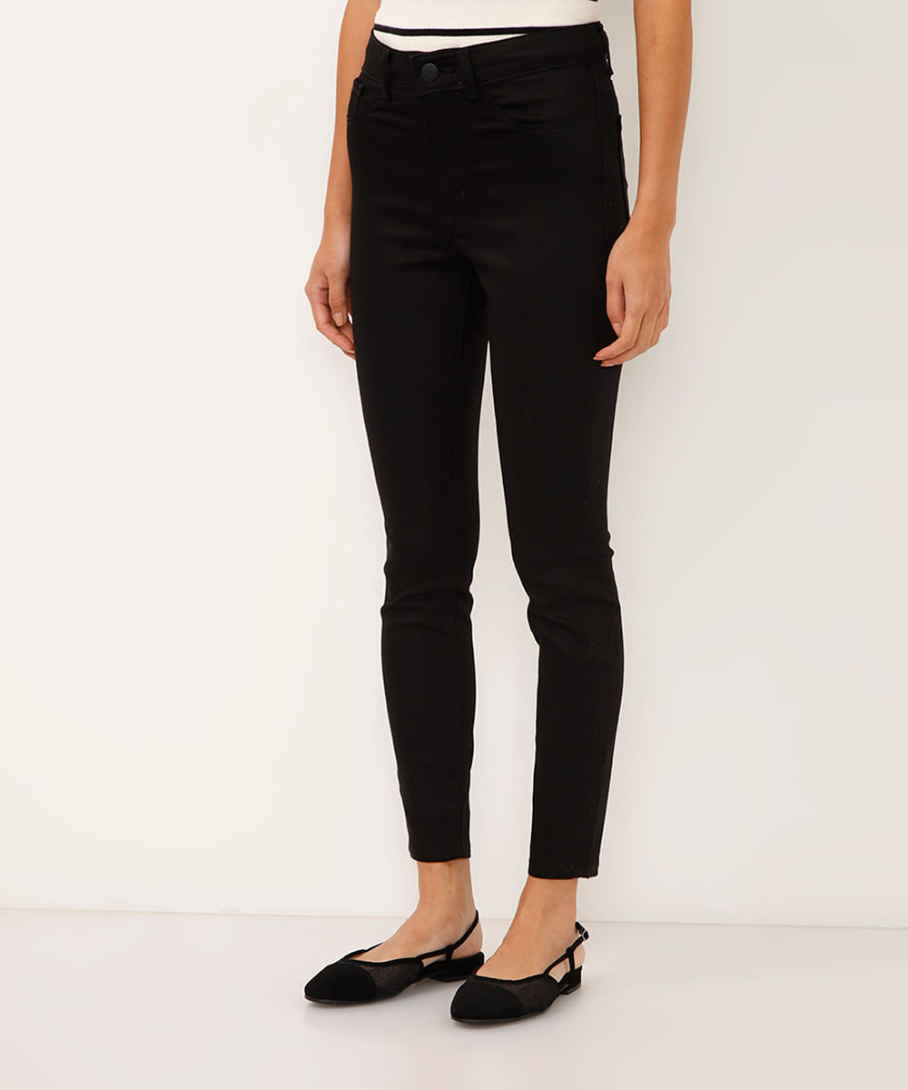 calça super skinny de sarja cintura alta preta