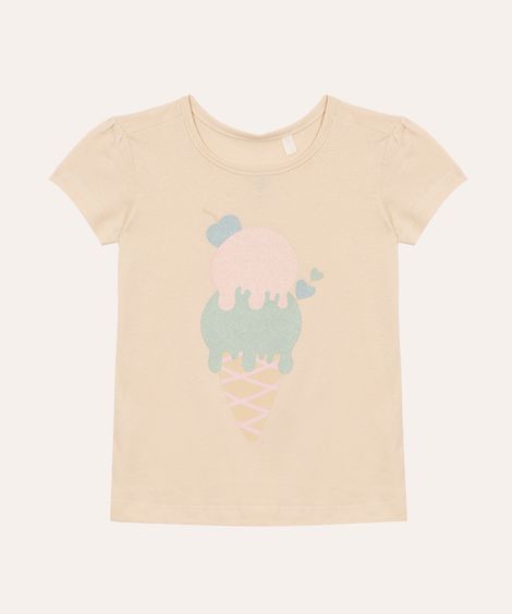 camiseta de algodão infantil sorvete com brilho bege