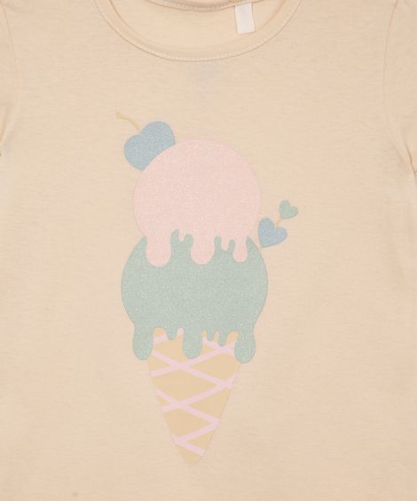 camiseta de algodão infantil sorvete com brilho bege