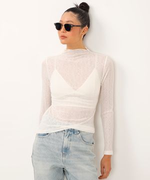 blusa texturizada transparência gola alta off white
