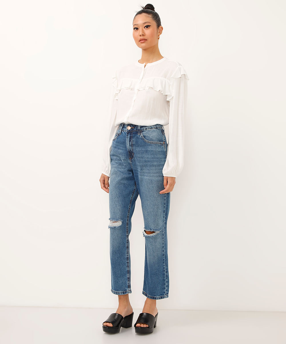 calça reta comfort jeans cintura super alta destroyed azul