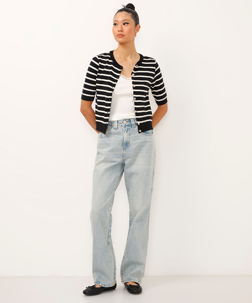 calça reta jeans cintura alta azul