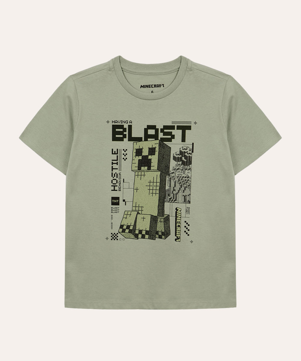 camiseta de algodão infantil minecraft verde