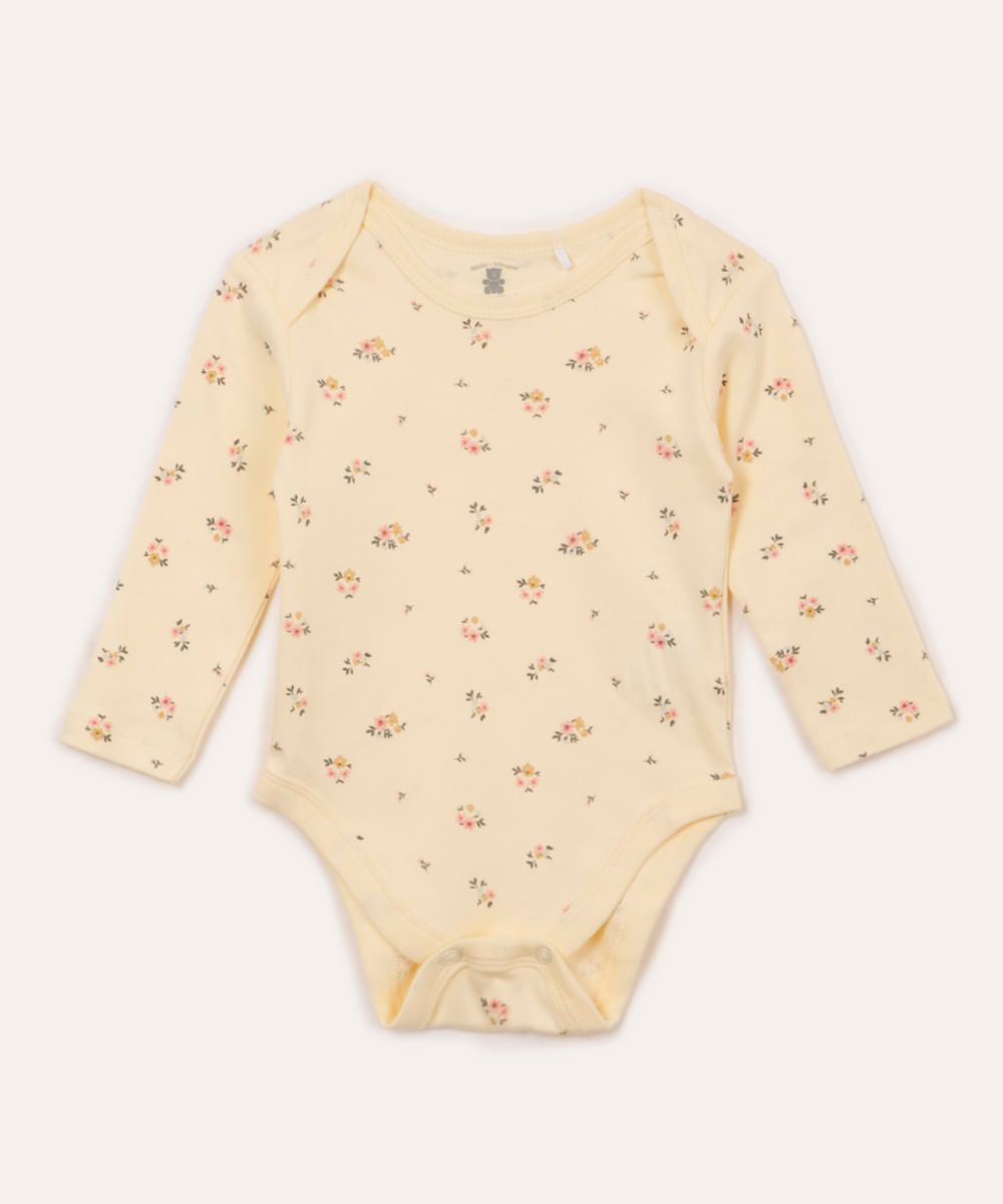 body infantil floral manga longa amarelo