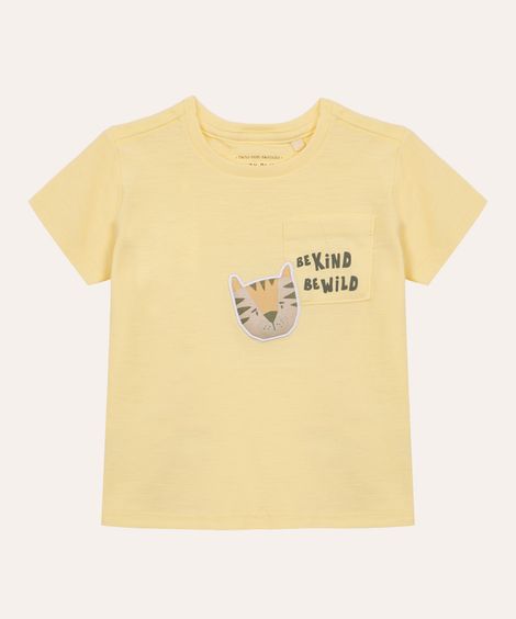 camiseta de algodão infantil com bolso tigre amarela