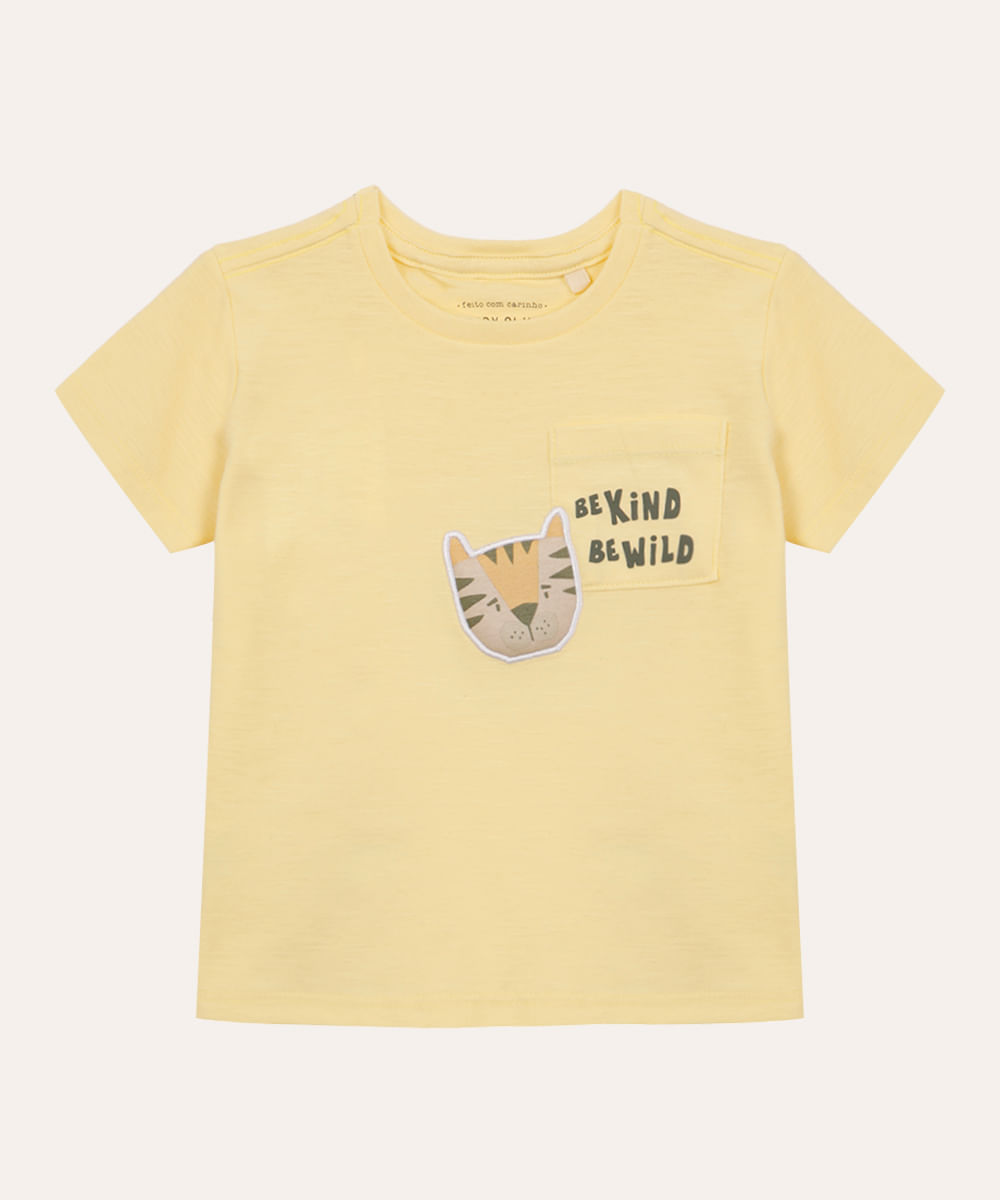 camiseta de algodão infantil com bolso tigre amarela