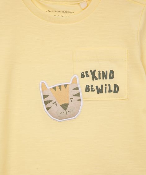 camiseta de algodão infantil com bolso tigre amarela