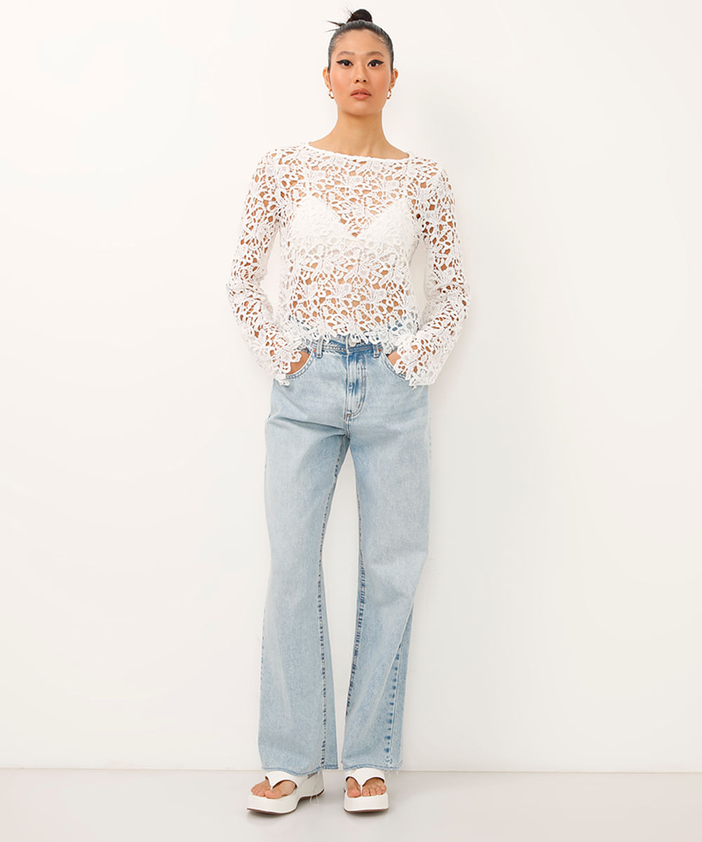 calça wide leg slim jeans cintura alta azul