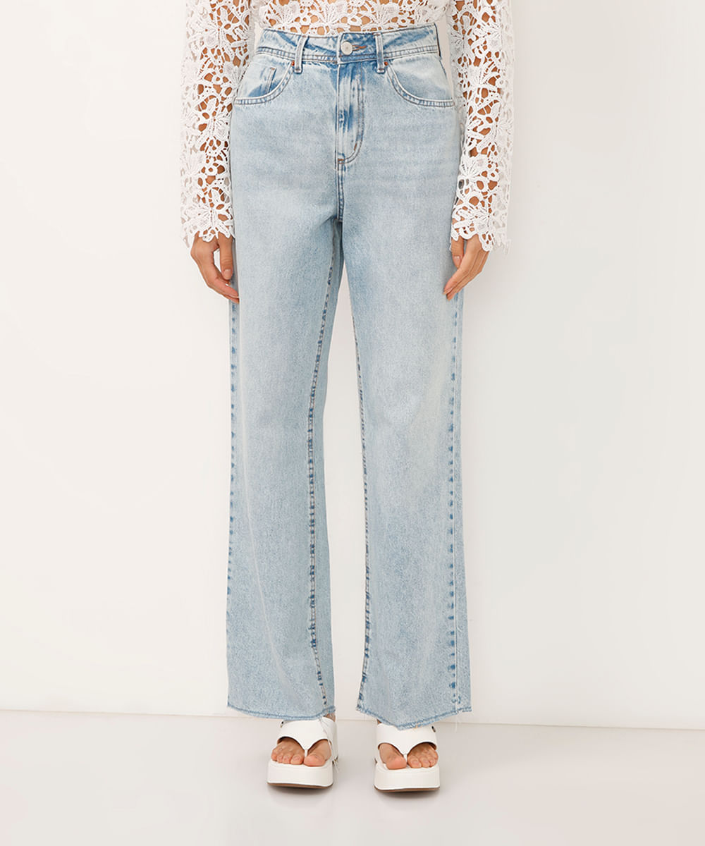 calça wide leg slim jeans cintura alta azul