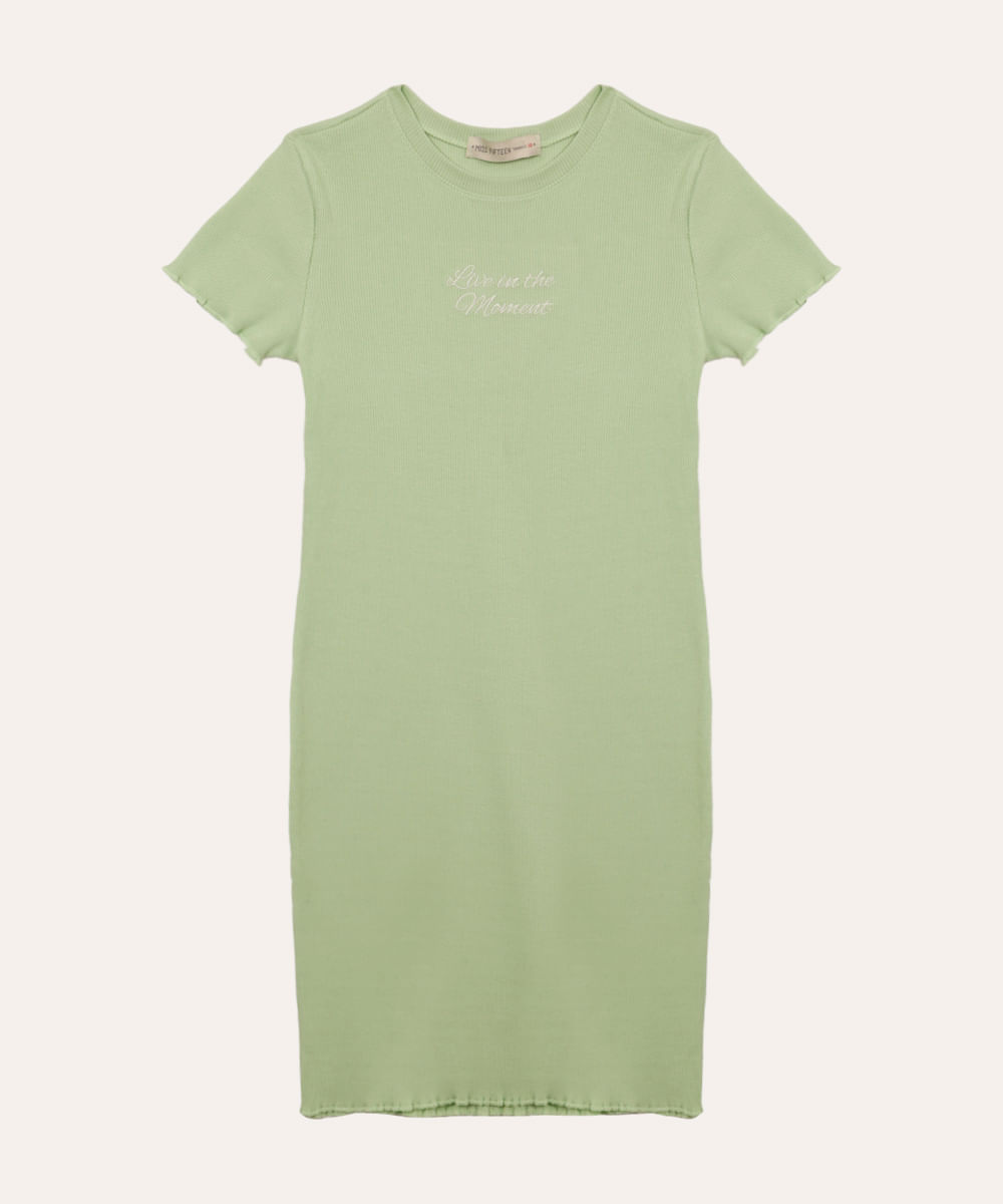 vestido de algodão juvenil canelado fru fru verde