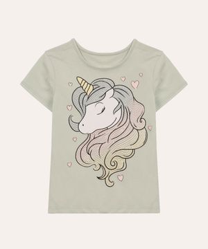 camiseta de algodão infantil unicórnio verde