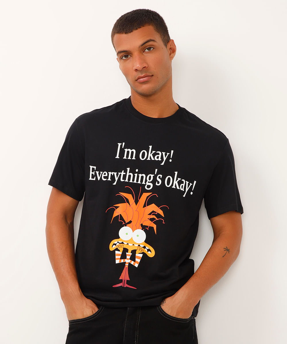 camiseta relaxed de algodão ansiedade divertida mente preta