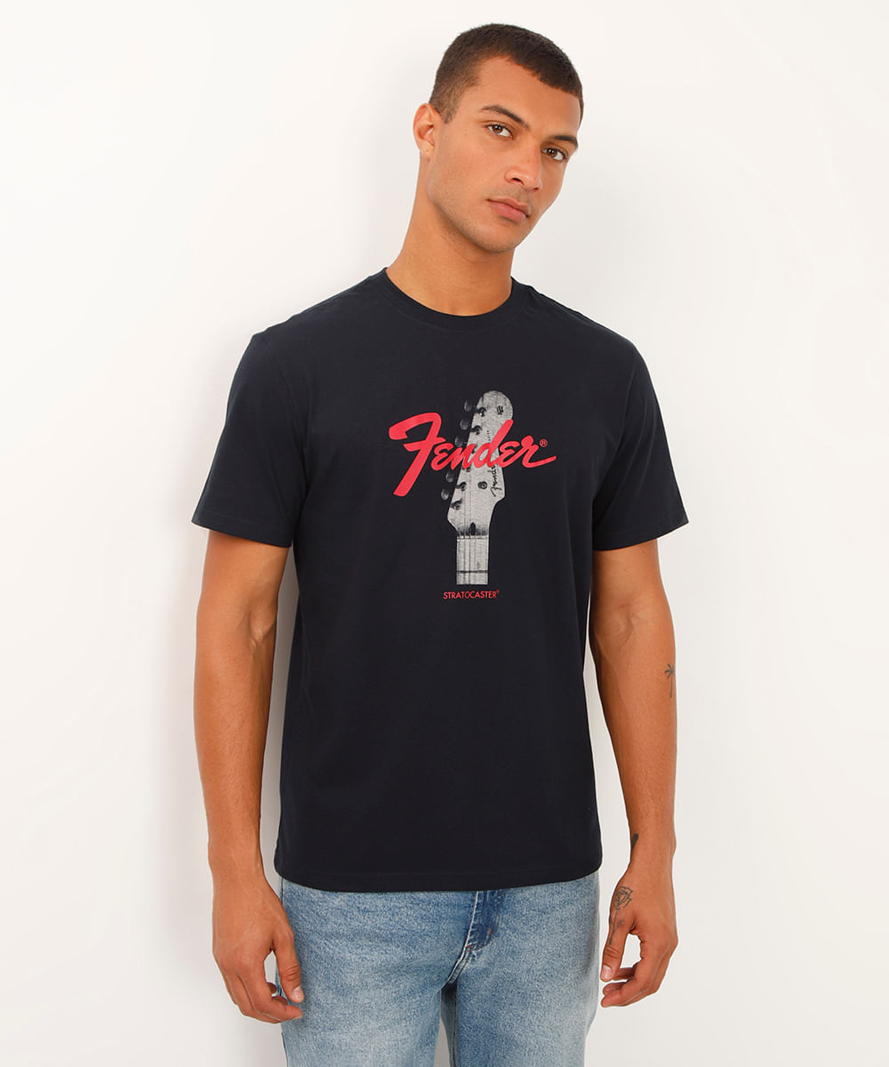 camiseta comfort de algodão guitarra fender azul