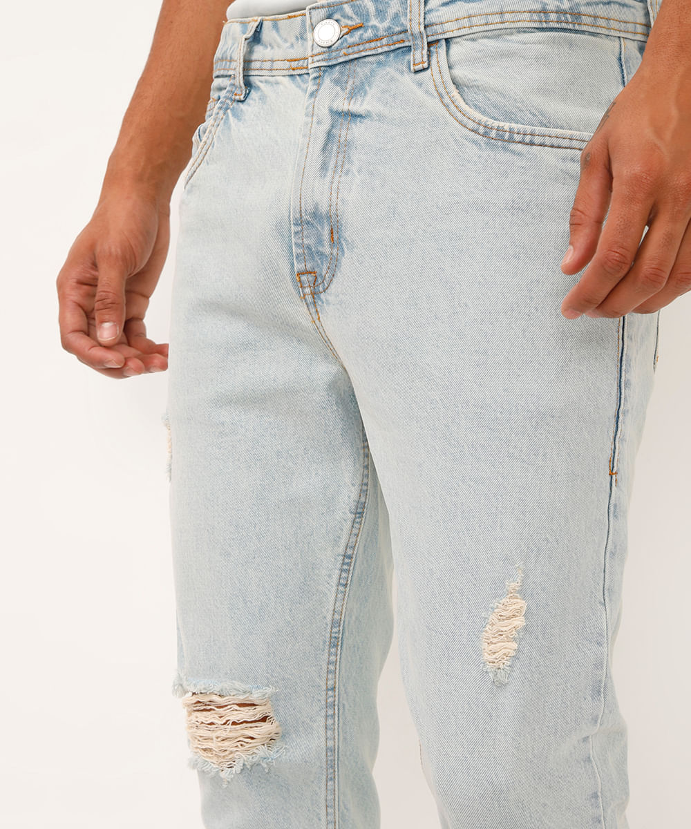 calça carrot jeans destroyed azul