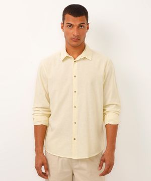 camisa de linho e algodão manga longa verde médio - amarelo