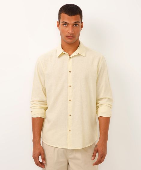camisa de linho e algodão manga longa verde médio - amarelo
