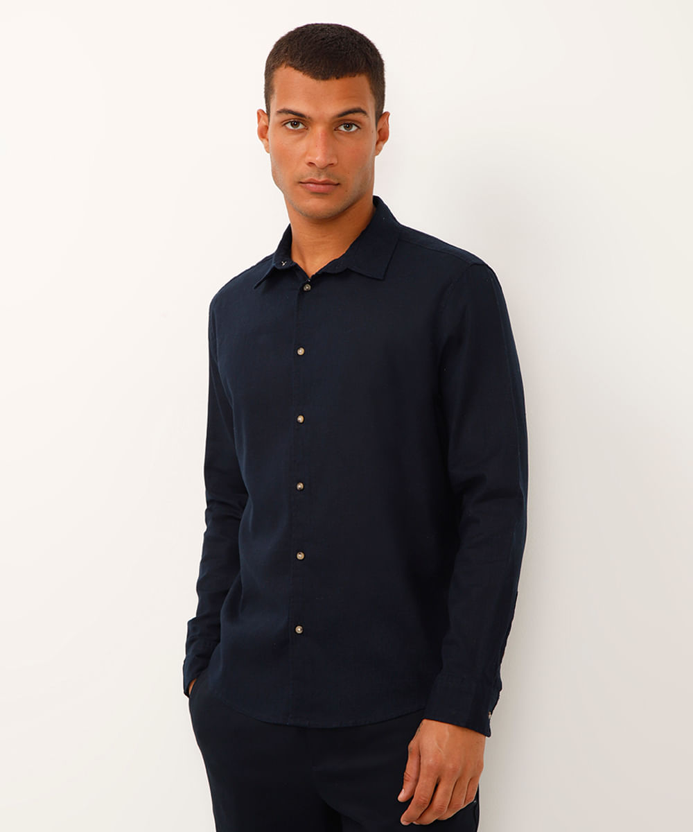 camisa de linho e algodão manga longa verde médio - azul marinho