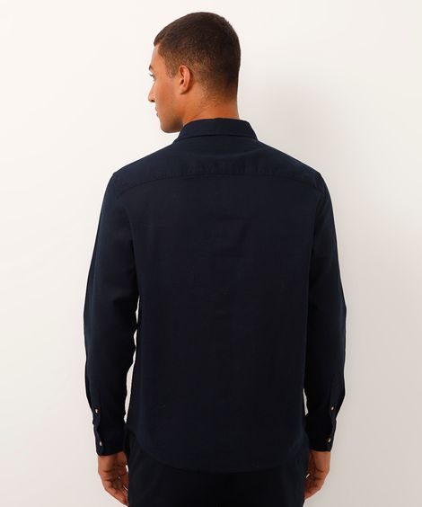 camisa de linho e algodão manga longa verde médio - azul marinho