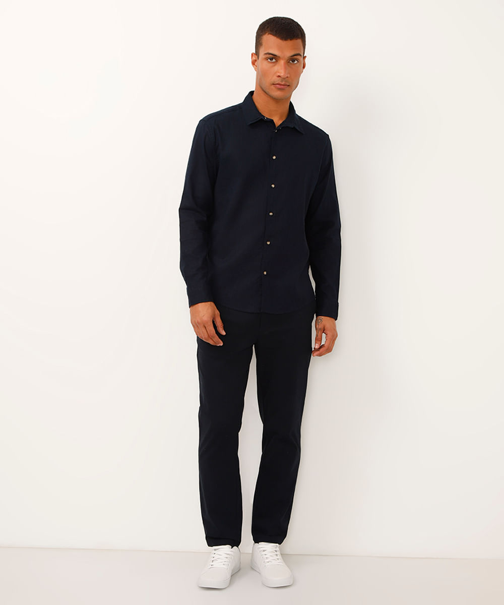 camisa de linho e algodão manga longa verde médio - azul marinho