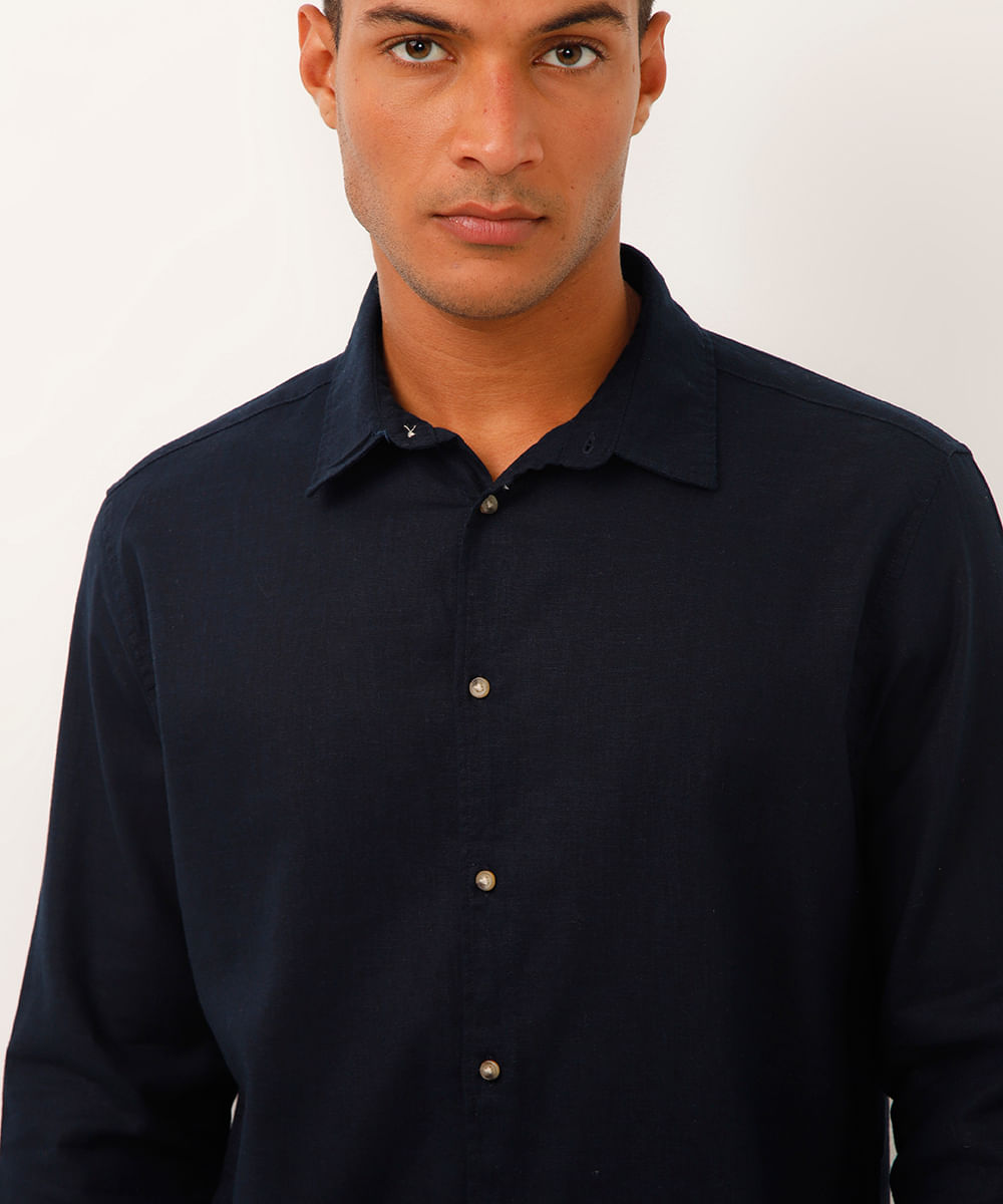 camisa de linho e algodão manga longa verde médio - azul marinho